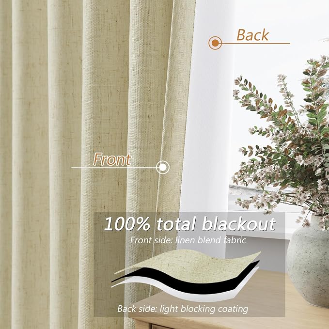 Guken 100% Blackout Linen Curtains for Bedroom 96 inches Long, Thermal Insulated Room Darkening Black Out Drapes for Living Room, Back Tab Rod Pocket 2 Panels Set,Cream Yellow,52x96
