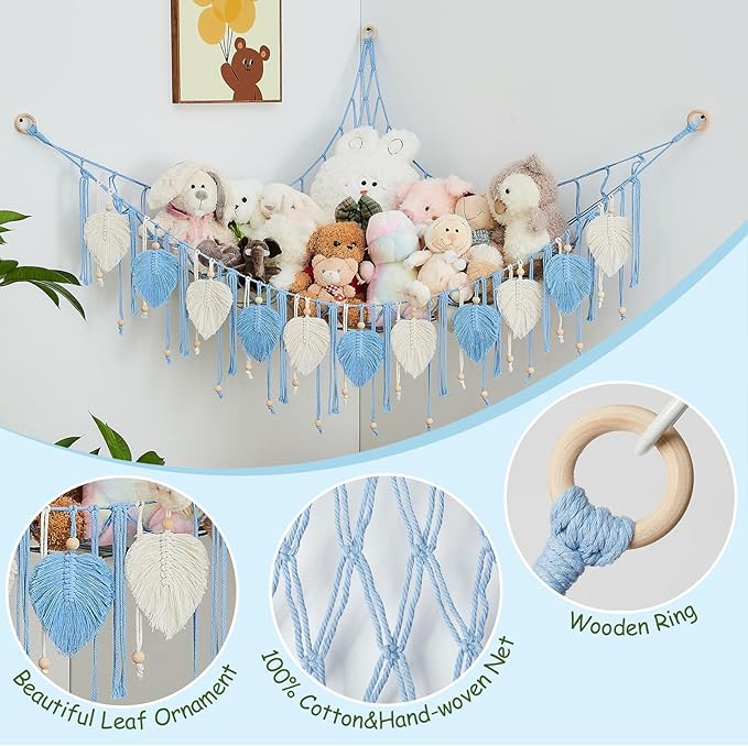 Pretty Jolly Macrame Stuffed Animal Hammock with Beads Hand Woven Leaf Tassels Corner Hanging Net Boho Plush Holder for Toys Kid Room Nursery Decor Easy Install Organizer for Girls Gift(Light Blue)