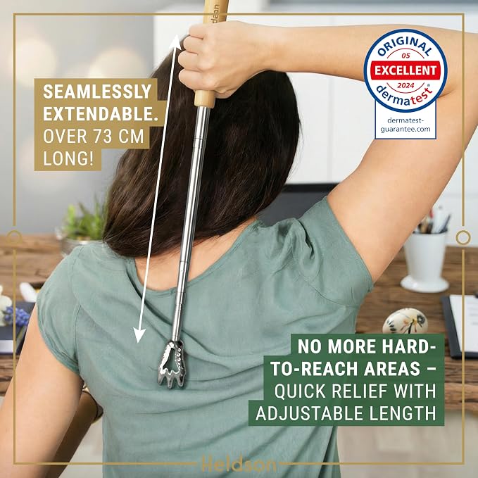 HELDSON® Back Scratcher Extendable [5 Scratching Heads] - Retractable Stainless Steel Scratchers - Telescopic Backscratchers for Adults - Metal Bear Claw Backscratcher Stick - Gifts for Men and Women