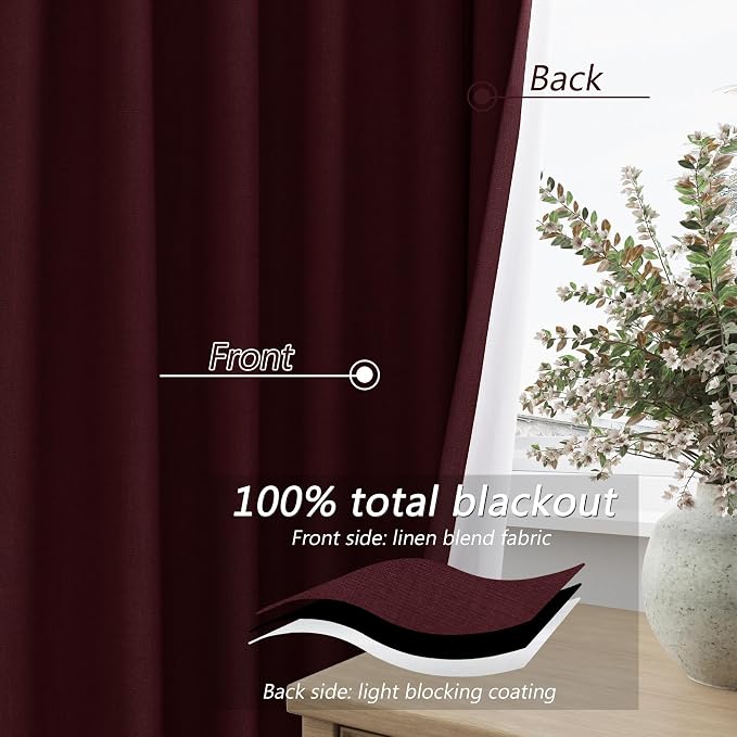 Guken Burgundy 100% Blackout Linen Curtains 84 Inch Length 2 Panels Set for Living Room Bedroom Back Tab Thermal Insulated Black Out Drapes Room Darkening Farmhouse Style for Bedroom Window Curtains