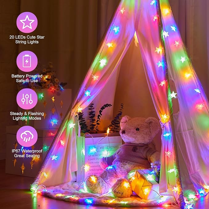 Minetom Star String Lights Battery Operated - 17 ft 50 LED Star Fairy String Lights with Timer, Waterproof for Indoor Bedroom Tent Loft Bed Patio Party Wedding Decor, Multi-Color