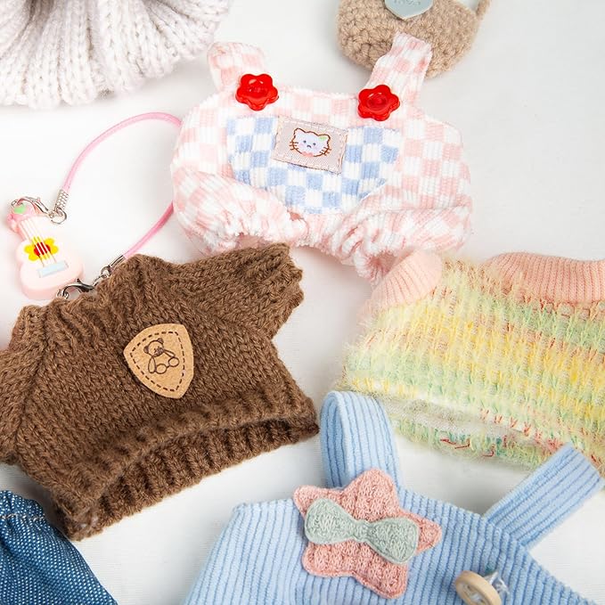 17cm Doll Clothing for Labubu - Kawaii Chic Style Set for 17cm Dolls, Premium Doll Outfit with Accessories - Khaki Wool Hat + Brown Romper + Black Jeans + Khaki Bag (Clothes Only)
