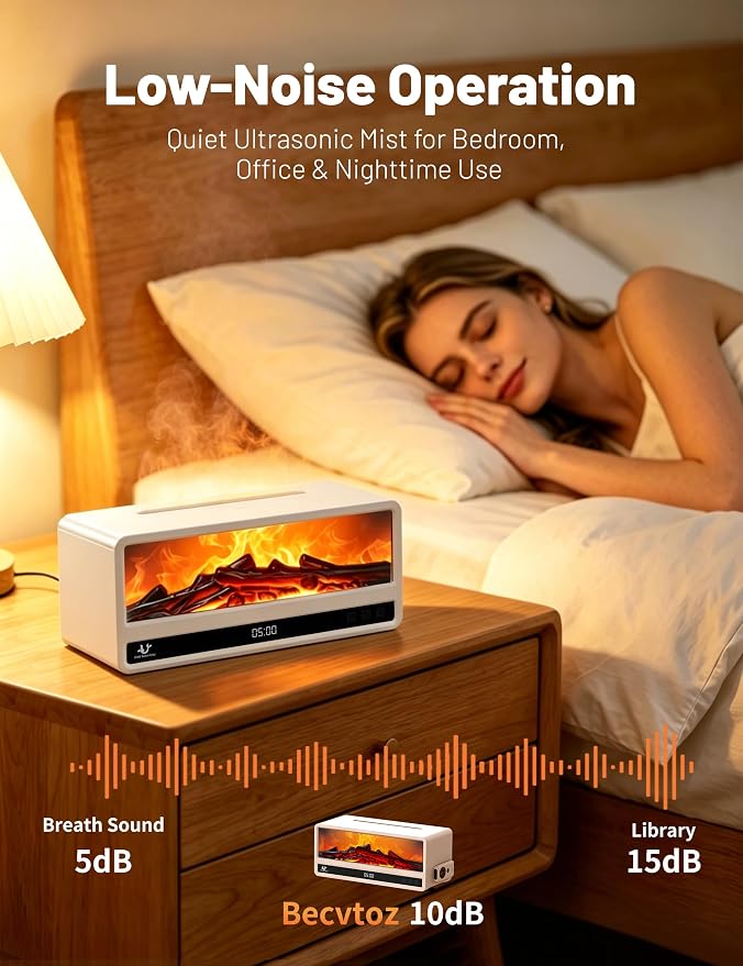 Fireplace Aroma Diffuser for Bedroom Nightstand, Essential Oil Diffuser with Realistic Flame Effect, Remote Control, Timer Auto-Off, 7 Color LED Ultrasonic Aromatherapy Diffuser for Home Office Decor