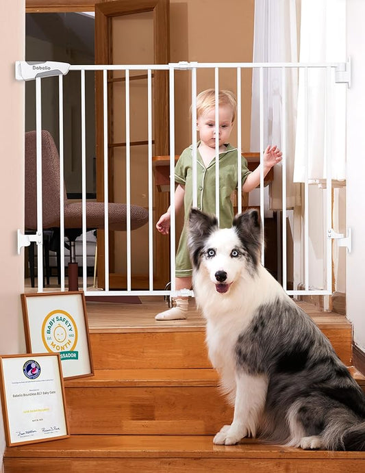 Babelio Baby Gate for Stairs, Kitchen & Doorways, No Bottom Bar| Easy Installation| One-Handed Operation| Auto-Close| Hardware Mount (Drill Needed) Safety Dog Gate (White - B17, 29-49" W, 28" H)
