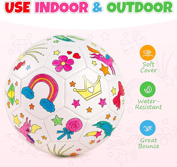 EVERICH TOY Paint Your Own Soccer Ball with Markers, Toddler Arts and Crafts Soccer Gifts, Kids Soccer Ball Size 3 Unicorn Toys for Girls Boys, Sports Drawing DIY Design Color Play Ball Game with Pump