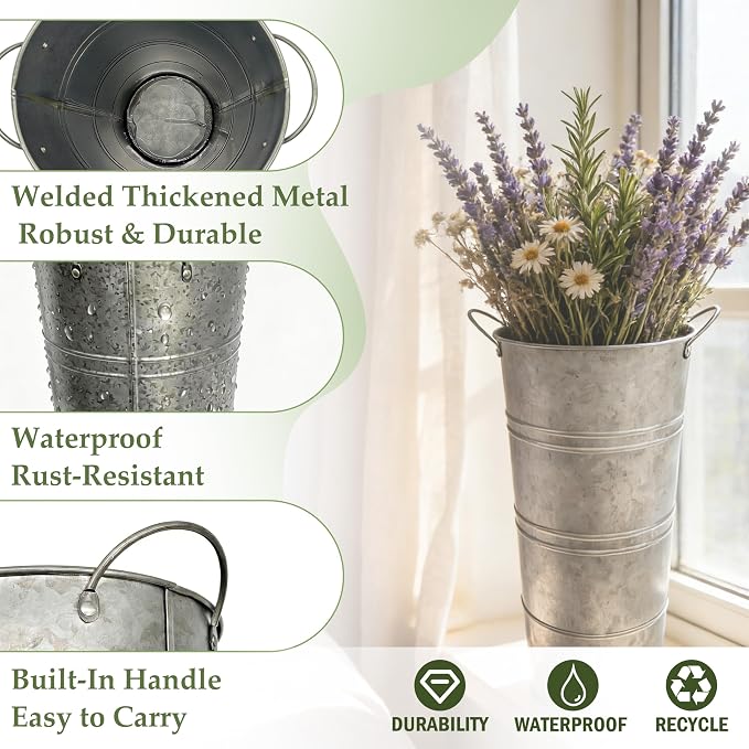 12 Inch Galvanized Metal Flower Buckets, Set of 6 - Rustic Tin Vases with Handles for Farmhouse & Wedding Decor, Tall Planters for Cut Flowers, Table Centerpiece & Home Organization