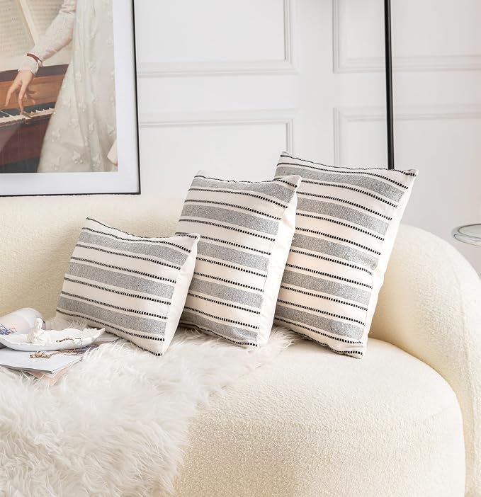 Cethom Decorative Boho Lumbar Throw Pillow Covers, Farmhouse Textured Pillow Case, 12 x 20 Inch Set of 2, Chair Sofa Bedroom Living Room Home Decor Couch Cushion Case, Black and Beige