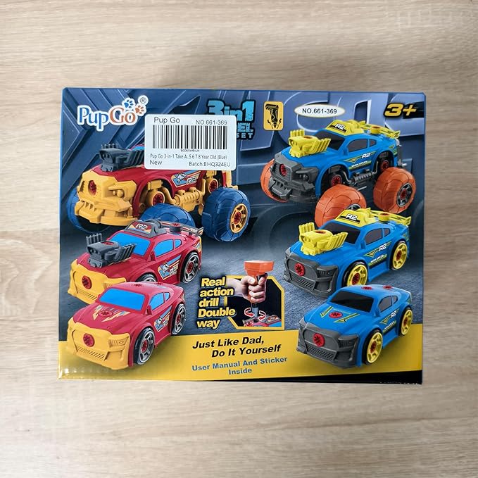 Pup Go 3-in-1 Construction Car for Boys Ages 3+ Years Old, Take Apart Car with Electric Drill, 46 Pcs Cars Building Kit, Build Your Own Toy Cars with Tools, Ideal STEM Present for Kids Children(Blue)