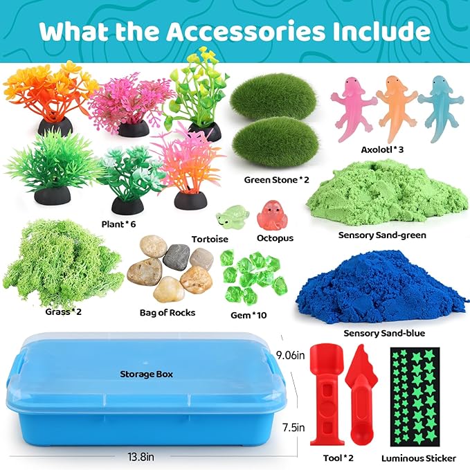 Kaelinda Axolotl Sensory Bin for Kids - Axolotl Toys Sand Sensory Bin with Lid, Art and Craft Axolotl Gifts Sensory Bin Sand for Kids Boys Girls 3-4 5-8 8-12 Birthday Christmas Gifts