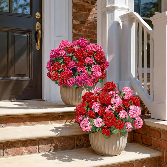 Artificial Geraniums Fake Flowers for Outdoors Decoration, 6 Bundles Silk Geraniums Flower UV Resistant Look Real Faux Plants for Front Door Garden Porch Planter Patio Balcony Yard Indoor Home, Mix