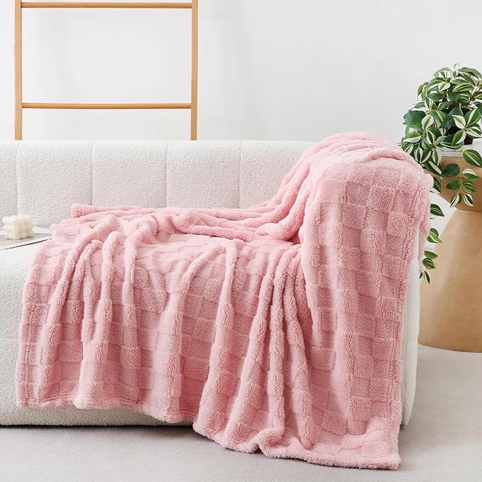 Light Pink Fleece Throw Blanket 60”×80”Checkered Design for Couch | Super Soft Cozy Plush Microfiber 3D Square Pattern Flannel Blanket for Sofa Bed Lightweight for Adults,Women