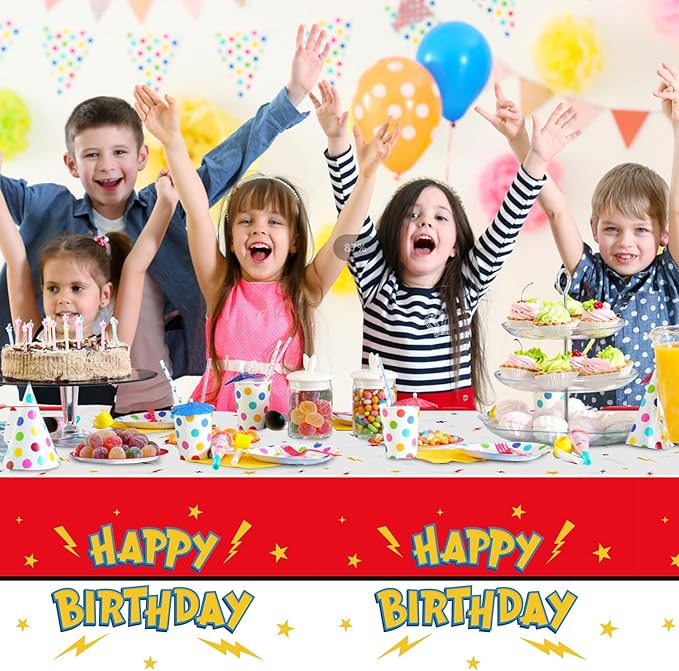 3 Pack Red White Birthday Tablecloth Party Decorations, Lightning Bolts Plastic Table Cloth, Disposable Cartoon Table Cover for Kids Birthday Baby Shower Party Supplies Decorations, 54” x 108”