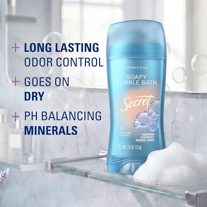 Secret Fresh Antiperspirant Deodorant for Women, 72hr Breathable Sweat & Odor Protection, Instant Freshness & Gentle, PH Balancing Minerals, Invisible Solid, Soapy Bubble Bath Scent, 2.6 oz
