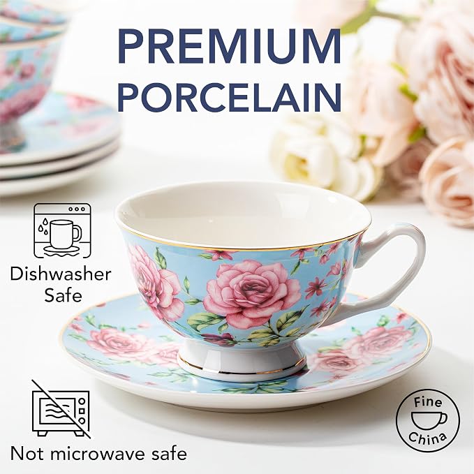 BTaT- Floral Tea Cups and Saucers, 8 oz, Fine Porcelain Teacup Set with Gold Trim for Afternoon Tea, Weddings, Parties & Gifting, Dishwasher Safe, Lightweight, Non-Toxic, Set of 4