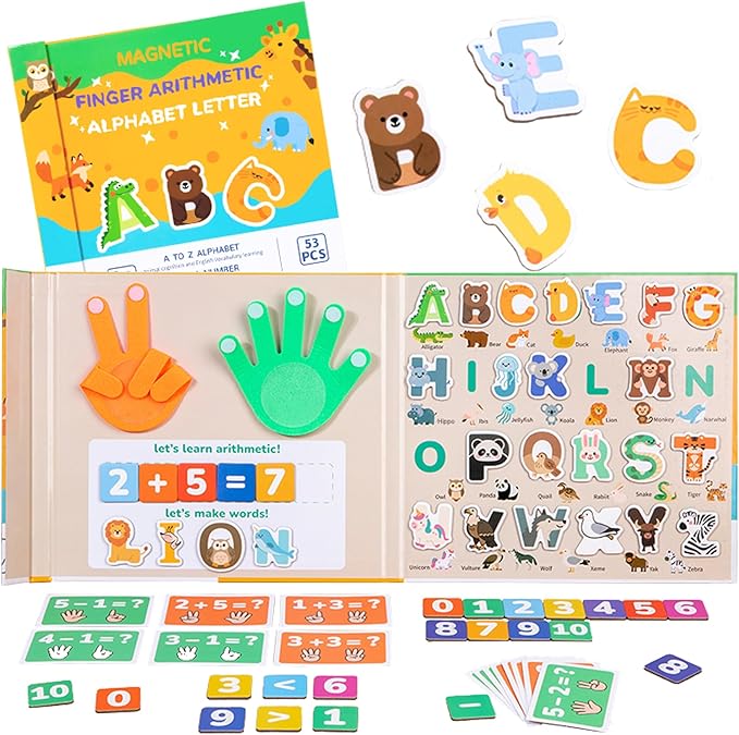 Magnetic Alphabet & Number with Animal-Shaped 2-in-1 ABC & Math Learning Toys for Kids Ages 3-6 | Spelling, Counting, Montessori Preschool Educational Toy with Storage Book