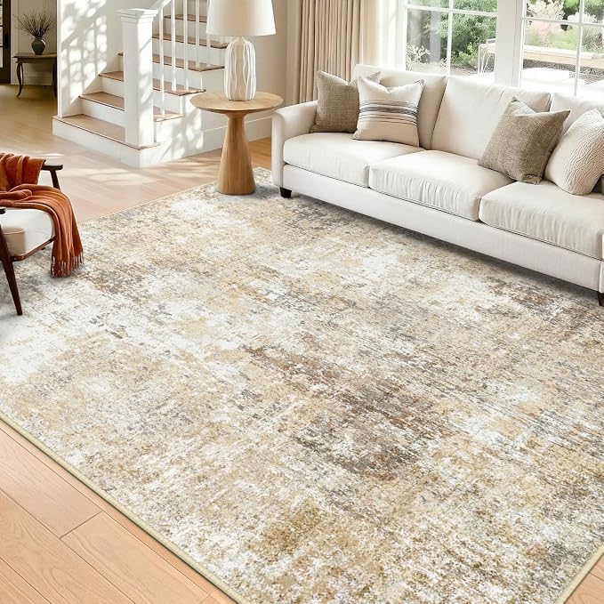 RELEANY Washable 6'x9' Abstract Area Rug for Living Room Neutral Brown | carpet for bedroom, kitchen, office, hallway and entryway, printed pattern, non-slip, soft, stain-resistant, easy to clean