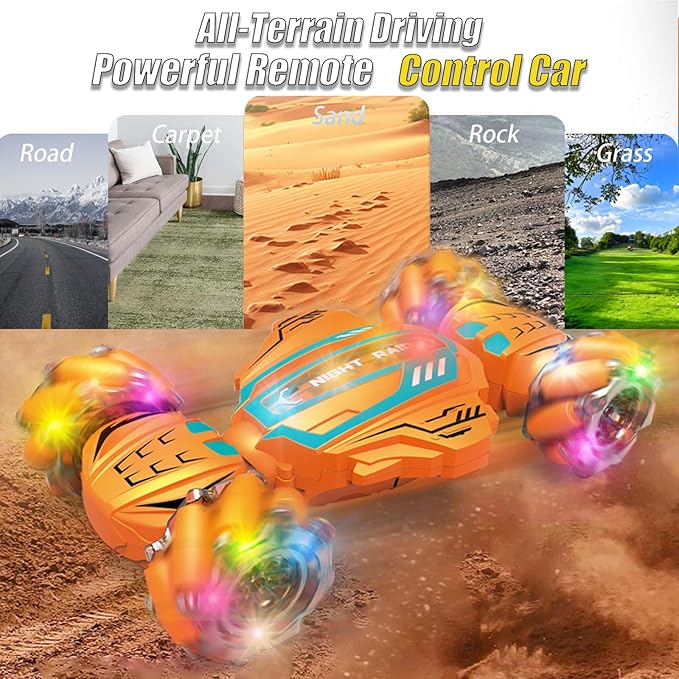Gesture Sensing RC Stunt Car-Best Gifts for Boys 6-12 Years Old,2.4GHz 4WD Remote Control Twist Car with 360° Rotation, Music & Cool Lights,Off-Road Vehicle with Dual Batteries (Orange)