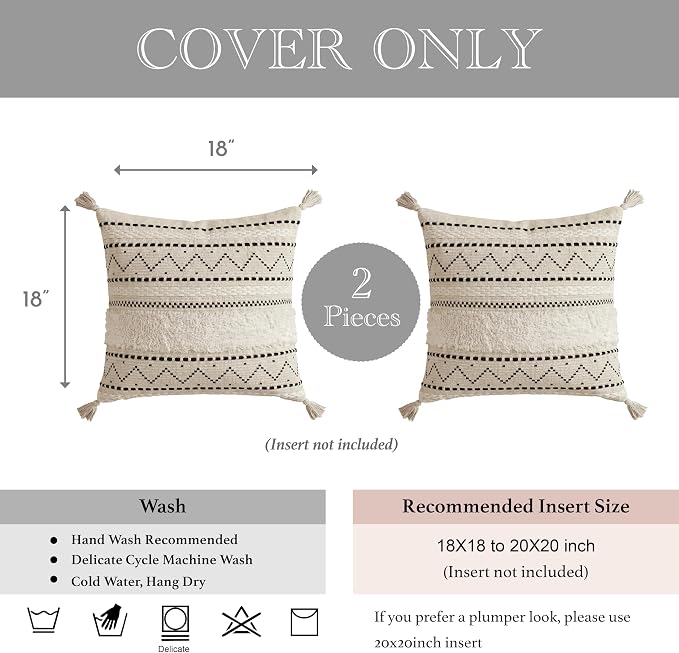 Decorative Throw Pillow Covers 18x18 Combo Set of 2 Square Boho Black Neutral Accent Pillowcase Tassels Farmhouse Cushion for Couch Sofa Bedroom Living Room Home Décor Cover ONLY