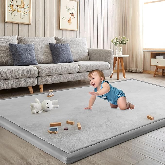Baby Play Mat for Floor Nursery Rug Muscle Mat Area Rug Playroom Rug 74"x50" Playpen Mat Elastic Foam 1.3" Thick Crawling Mat for Babies,Toddlers, Infants, Kids,A Light Gray