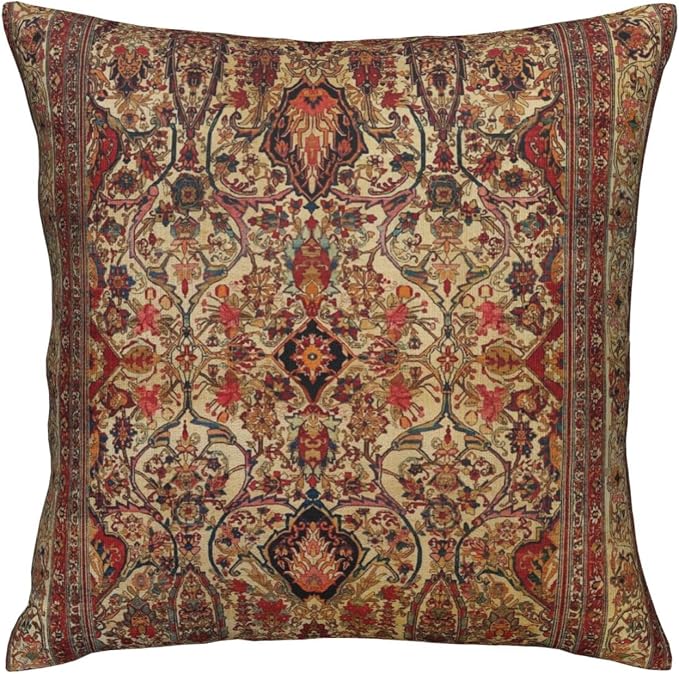 17th Century Turkish Lavar Kirman Southeast Persian Rug Pillow Covers Square Throw Pillowcase 18x18 Inch Couch Cushion Cover for Home Decor Living Room Bedroom College Dorm Bed Car Sofa