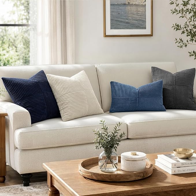 MIULEE Cream White Decorative Throw Pillow Covers for Couch 18x18 Inch | 2 Pack, Beige Neutral Boho Farmhouse Pillow Covers, Soft Cross Corduroy Patchwork Textured Cushion Cases For Bed Sofa