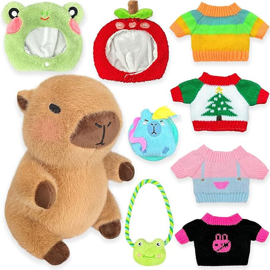 Capybara Plush with 9 pcs Clothes & Accessories, 10.2 in Cute Capybara Stuffed Animal Plush Toys, Dress Up Cute Plushies for Girls/Boys (Green)