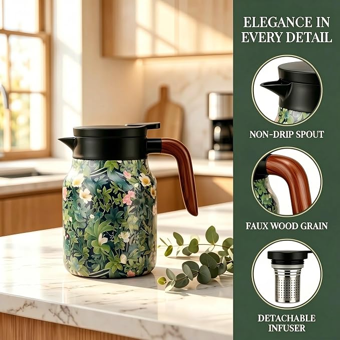 Insulated Stainless Steel Teapot, 35 Oz Vintage Floral Design with Removable Tea Infuser, 12Hr Hot & Cold Retention for Home Kitchen(Retro Floral Green)