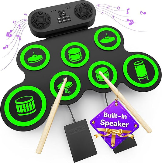 Electric Drum Set with Dual Speaker, Kids Drum Pad and Sticks Kit Supports REC, Portable Roll Up Drums Practice Pad for Kids, Great Gifts for Boys Girls