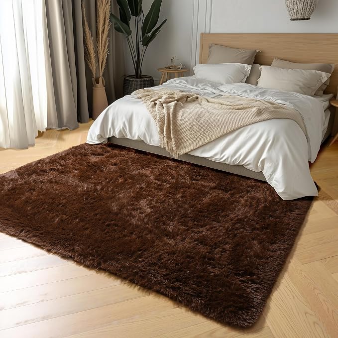 Amdrebio Chocolate Brown Furry Area Rug 5x7 for Living Room Bedroom Dorm | Plush Fuzzy Fluffy Carpet, Nursery Classroom Office Playroom Apartment Decor, Vintage Rustic Farmhouse Aesthetic, Dark Brown