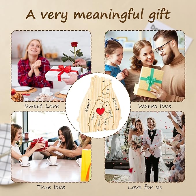 Personalized Wooden Name Puzzle Hugging Bears Family Puzzle with Names Fathers Day Home Decor Custom Mom/Dad/Family Members, Bear DecorBirthday Present (Mother and Child Bear)