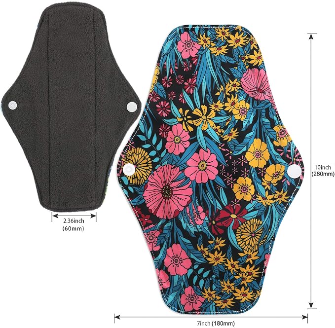 PHOGARY Reusable Menstrual Pads, Bamboo Cloth Pads for Heavy Flow with Wet Bag, Large Sanitary Pad Set with Wings for Women, Washable Overnight Cloth Panty Liners Period Pad (7 in 1, 25.4cm 4 Layers)