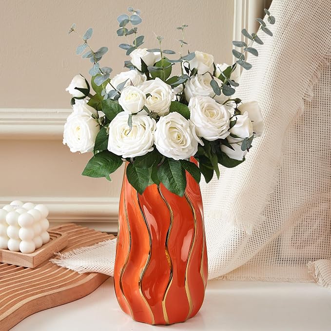 Ceramic Vase, Orange Vase for Home Decor,Decorative Flower Vase, Vertical Stripe Ceramic Vases for Home Décor, Bedroom, Office, Living Room, Bathroom, Tabletop Decor, Centerpiece (Orange)