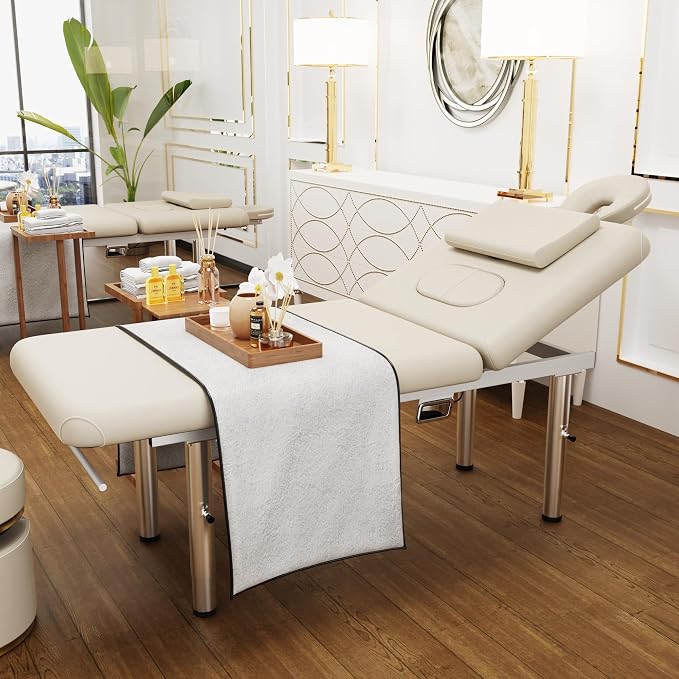 pouseayar Heavy Duty Stationary Massage Table with Adjustable Face Pillow and Stainless Steel Legs, Adjustable Backrest for Treatment, Physical Therapy, Spa Facial Professional Massage Bed - White
