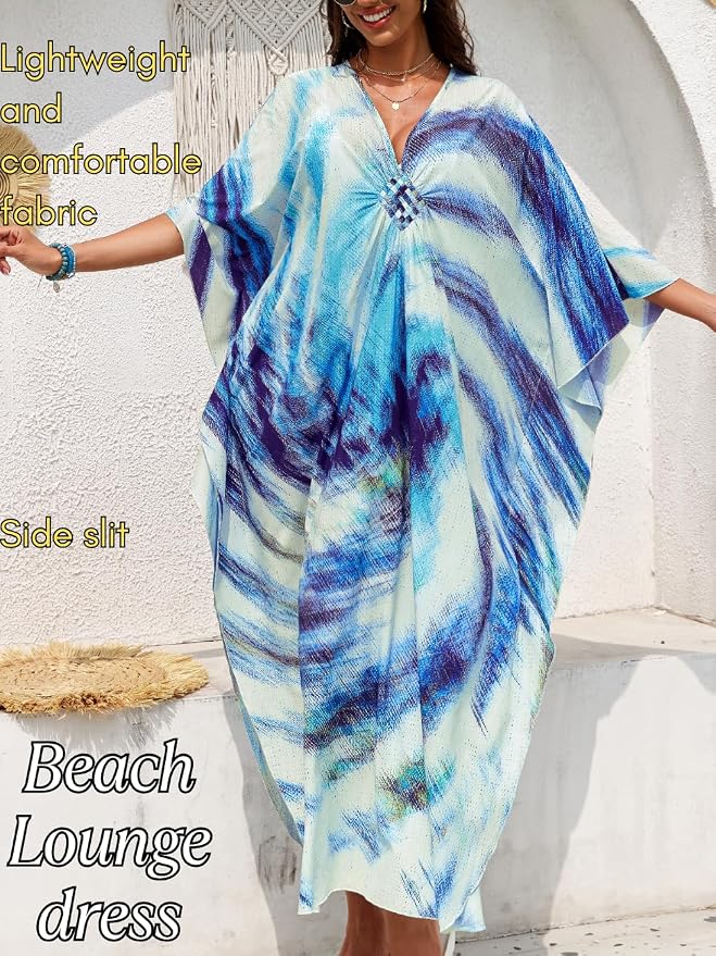 ChiaoLezhee Print Moo-Moos for Women, Kaftan Cover-Up Dresses, Sexy V-Neck High-Slit, Beach Pool-Party Coverups Muumuu Plus