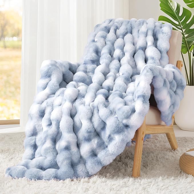 Luxury 1000GSM Faux Rabbit Fur Throw Blanket, Super Heavy Warm Cozy Grey Blankets for Couch Bed Sofa, Ruched Plush Fuzzy Elegant Soft Reversible Mink Blanket for Living Room Bedroom