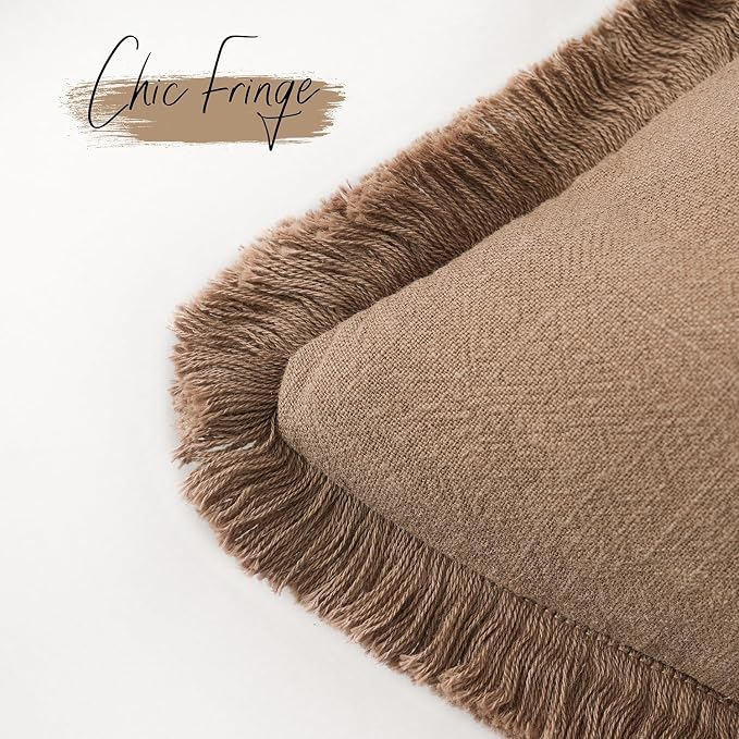 Foindtower Set of 2 Decorative Linen Fringe Throw Pillow Covers Cozy Boho Farmhouse Cushion Cover with Tassels Soft Accent Pillowcase for Couch Sofa Bed Living Room Home Decor, 24×24 Inch, Khaki Brown