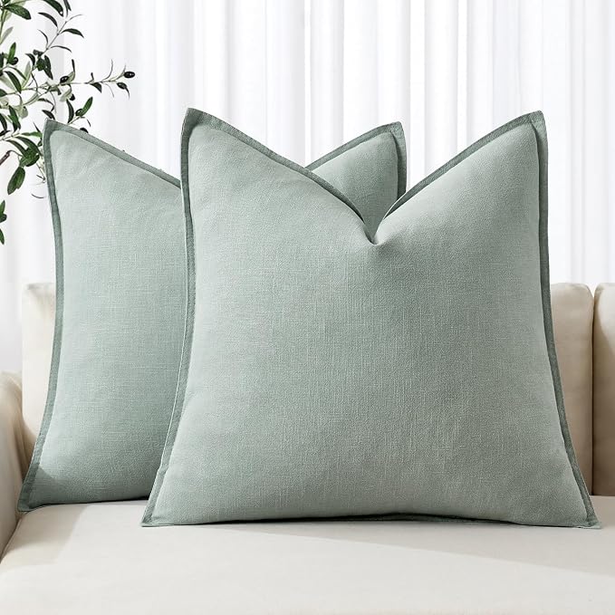 MIULEE Decorative Linen Pillow Covers 20x20 Inch Aqua Green | Boho Farmhouse Neutral Couch Throw Pillows for Bed, Pack of 2 Accent Modern Pillowcases, Sofa Livingroom Home Decor