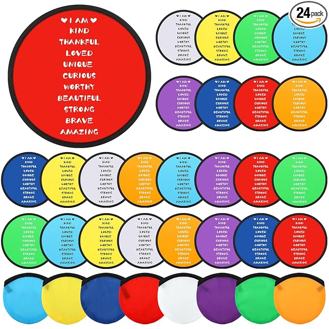 Vercraft 24 Pieces End of Year Gift Inspirational Flying Disc Fans Set Motivational Beach Fun Foldable Hand Fan with Bag for Students Summer Birthday Outdoor Activity Game School Prizes Party, 8 Color