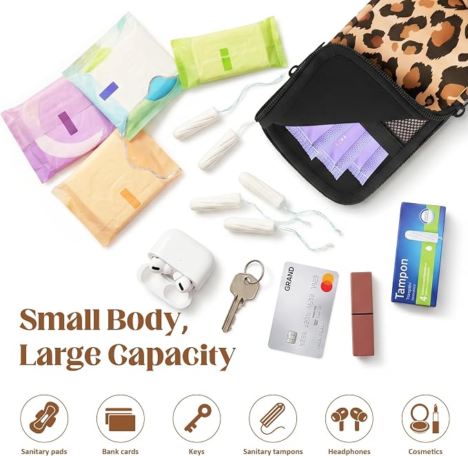 2 Pack Portable Tampon Holder Zippered Pouch with Snap Hook, Waterproof Travel-Friendly Discreet Period Bag, Feminine Products Organizer for Women Purse (Leopard)