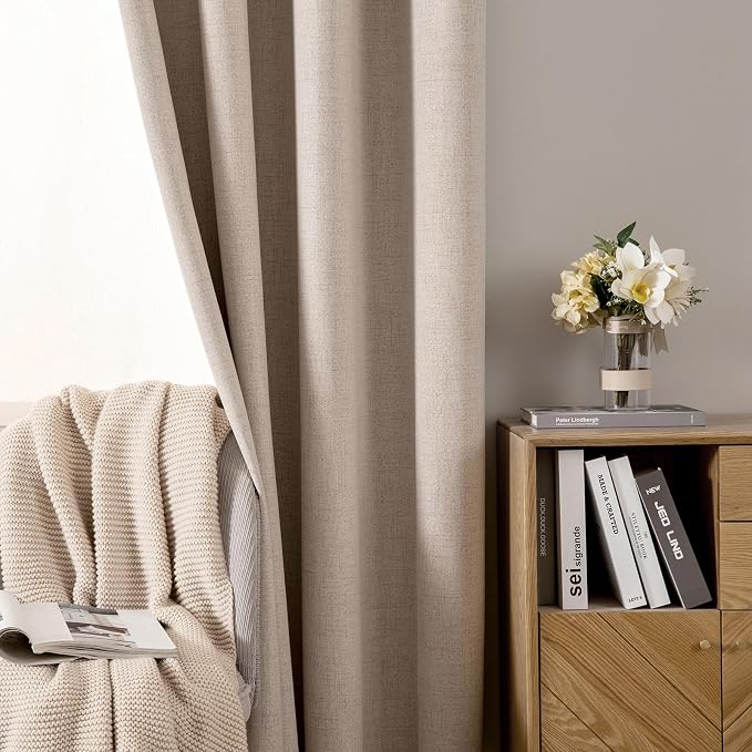 MIULEE 100% Blackout Linen Textured Curtains for Bedroom Solid Thermal Insulated Natural Beige Grommet Room Darkening Curtains & Drapes Luxury Decor for Living Room 52 x 80 Inch (2 Panels)