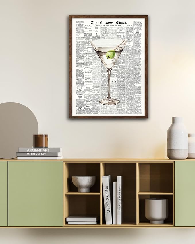 EcoHest 12x16 in Martini Newspaper Framed Wall Art for Bar Cart | Walnut Color Solid Oak Frame, Canvas Wall Art, Martini Bar Cart Decor for Living Room, Apartment, Dorm Room, Bedroom, 1Pack