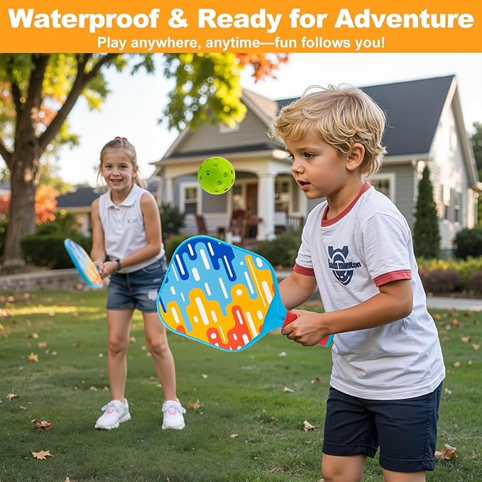 Kids Pickleball Paddles Outdoor Toys for Kid Ages 4 5 6 7 8 Year Old Boy Girl Stocking Stuffers, Beginner Easy to Use Yard Ball Games Set of 2, Lightweight Grip for Small Hands