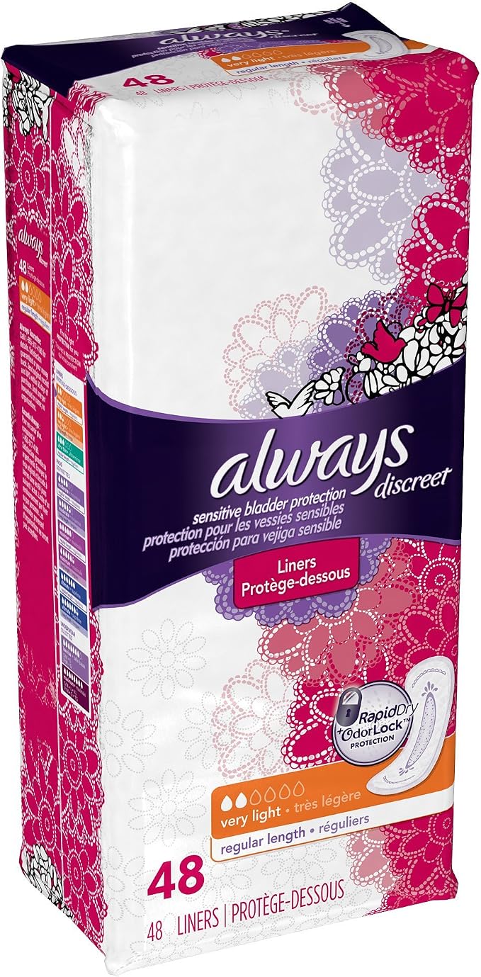 Always Discreet Incontinence Liners for Women, Very Light Absorbency, Regular Length , 144 count
