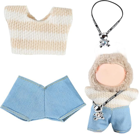 17cm Doll Clothes Set (No Doll) – Outfit with Hat & Overalls, Handmade Accessories for Mini Dolls, OB11-Compatible Dress-Up Gift (Little Bear)