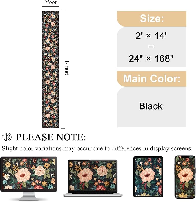 DUKINO 2x14 Runner Rug, Washable Long Kitchen Runner Rug Non Slip, Black | Floral, Low Pile, Soft Indoor Runner Rug for Hallway, Entryway, Bedroom, Bathroom, Laundry, Pet Friendly, Modern Home Decor