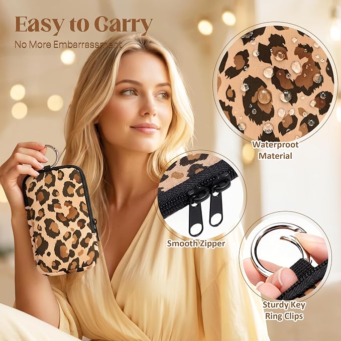 2 Pack Portable Tampon Holder Zippered Pouch with Snap Hook, Waterproof Travel-Friendly Discreet Period Bag, Feminine Products Organizer for Women Purse (Leopard)