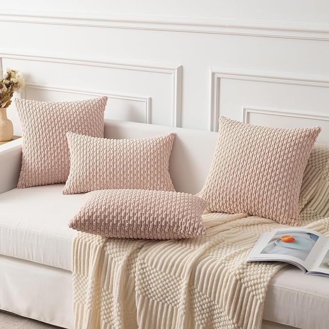 Kevin Textile Soft Corduroy 14"x22" Lumbar Pillow Cover 1 Pack, Light Pink | Boho Stripe Plush Corduroy Decorative Oblong Cushion Cover Modern Farmhouse Home Decor for Sofa Couch Bed Chair