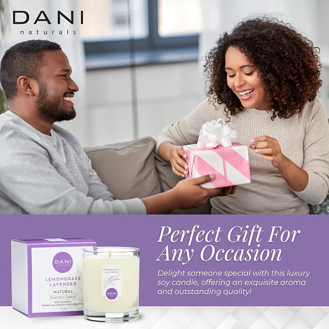DANI Naturals Lemongrass Lavender 100% Soy Wax Candle, Non-Toxic, 7.5oz | Vegan,soy wax candle,Clean-burning with organic cotton wick,Calming lemongrass lavender scent,Made in USA