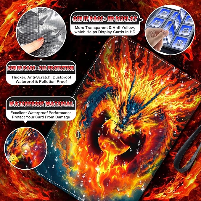 1008 Card Binder 9 Pocket Trading Card Binder with 56 Page 3-Ring Removable Sleeves, High Storage Waterproof Card Holder Collection Card Album Carrying Organizer Case for MTG TCG Cards- Dragon