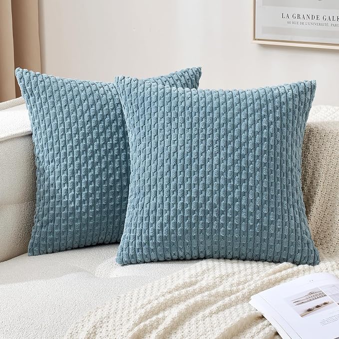 MIULEE Decorative Throw Pillow Covers 16x16 Blue Grey Textured Corduroy | Pack of 2 Striped Pillow Covers Modern Farmhouse Coastal Home Decor for Couch Bed Sofa Living Room